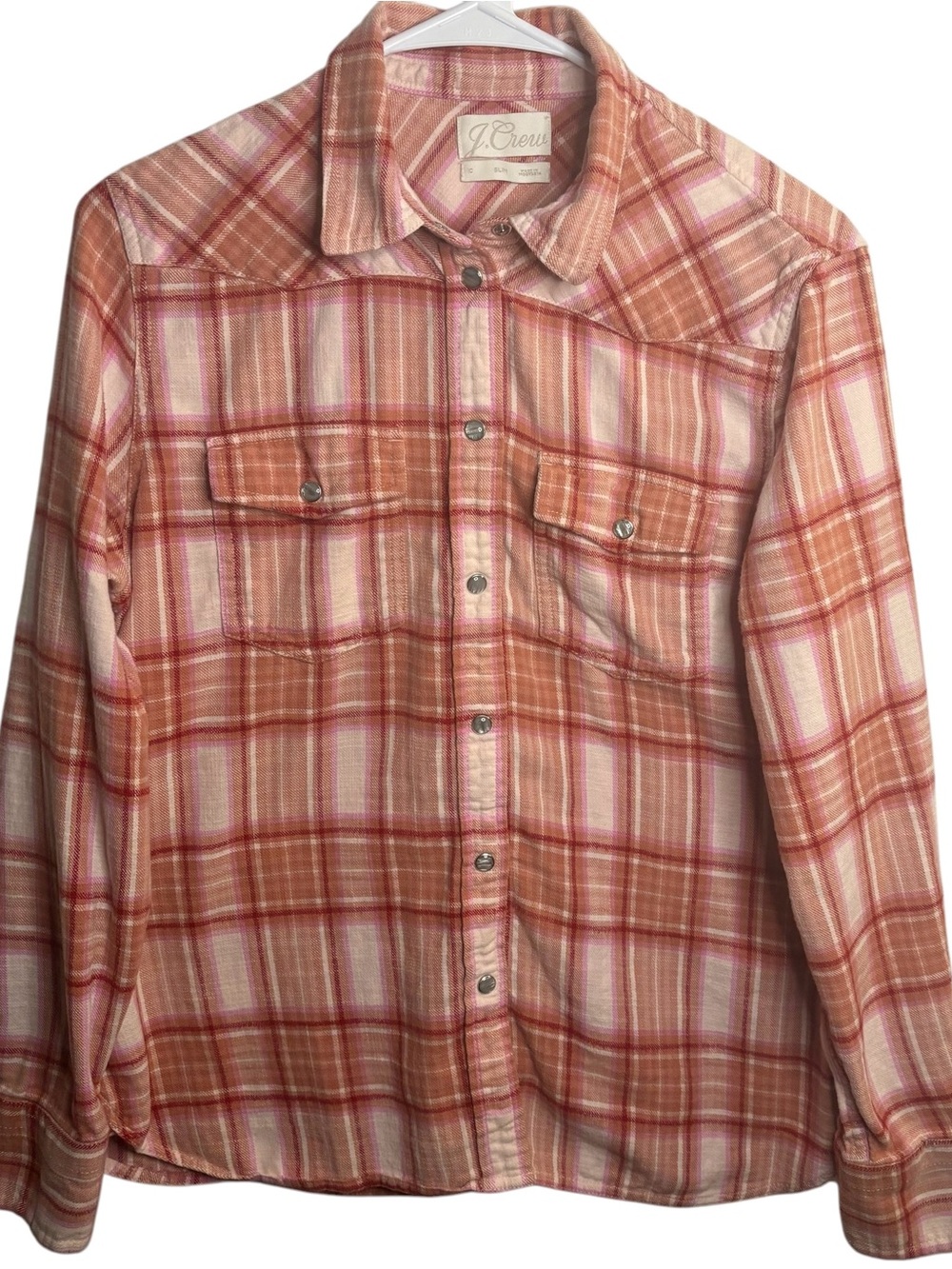 J. Crew Women’s Pink Blush/ Rust and Cream colored Plaid Button-Down Shirt